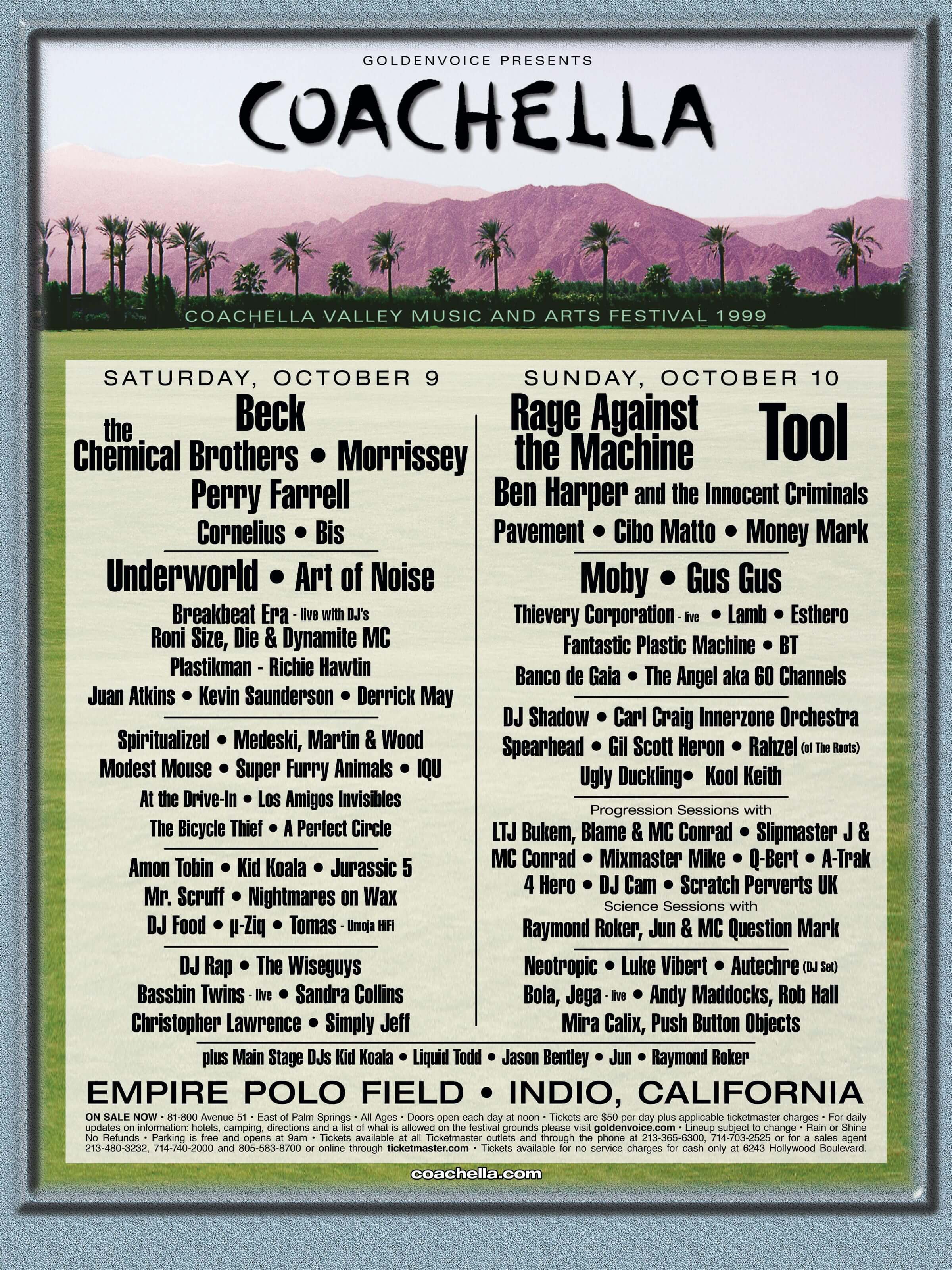 Coachella 1999 official lineup poster — Beck, Rage Against the Machine, Tool
