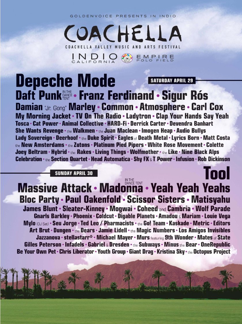 Coachella 2005 official lineup poster — Coldplay, Nine Inch Nails, Chemical Brothers