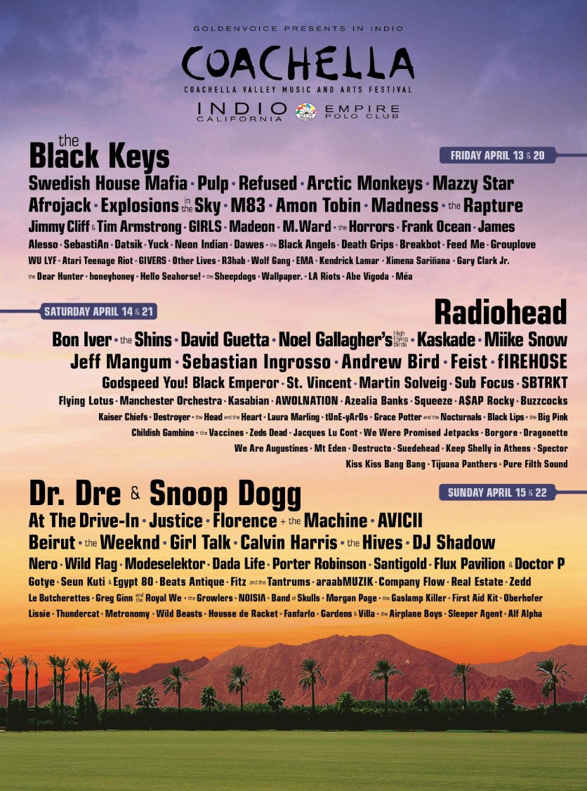 Coachella 2012 official lineup poster — Dr. Dre and Snoop Dogg, Radiohead, The Black Keys
