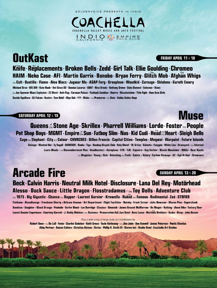 Coachella 2014 official lineup poster — Arcade Fire, Outkast, Muse
